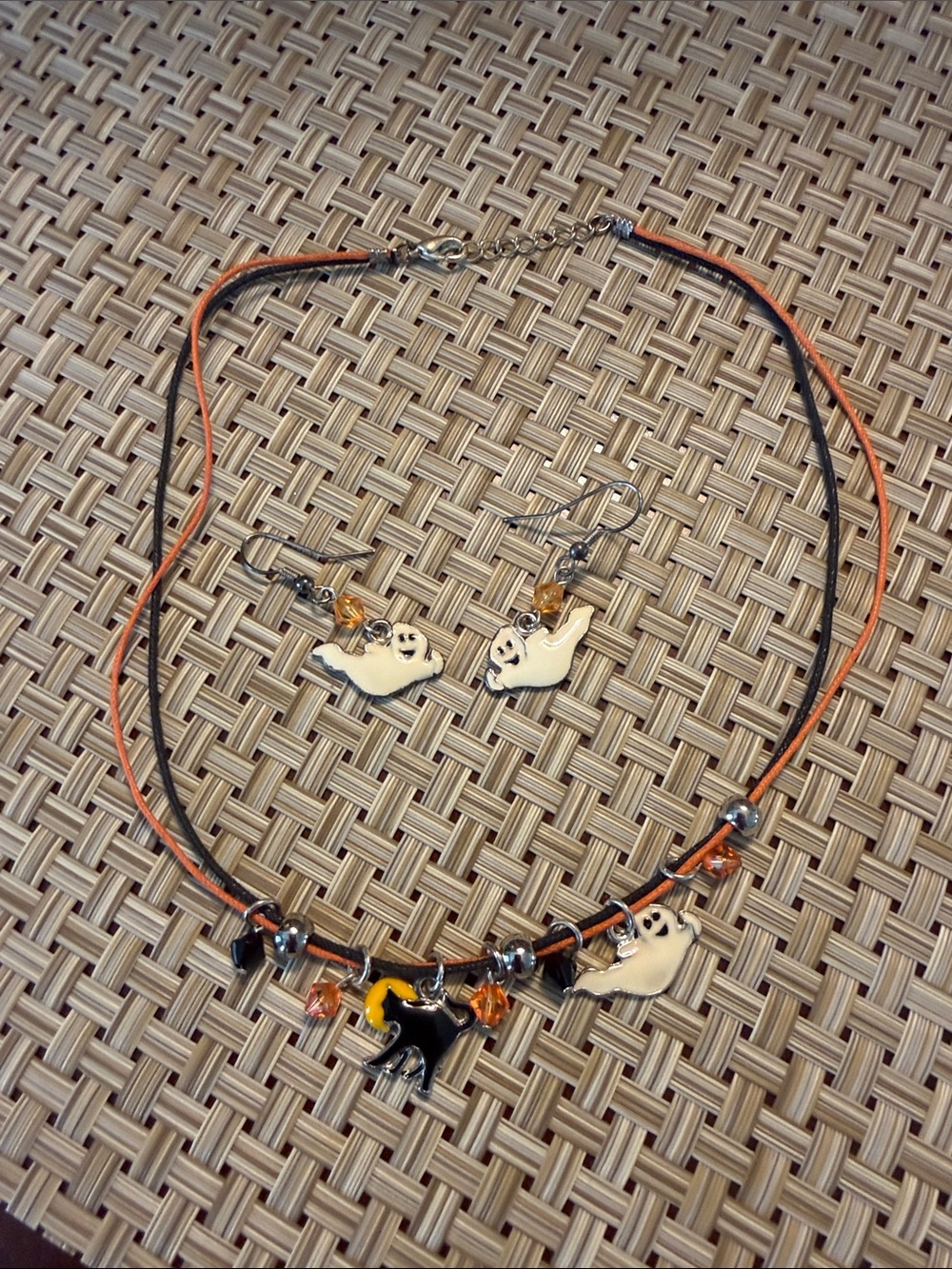 Halloween double corded charm necklace with matching earrings ghost and backcat